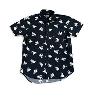 XXX RUDE Mens Black Pug Dog Print Short Sleeve‎ Button Up Shirt